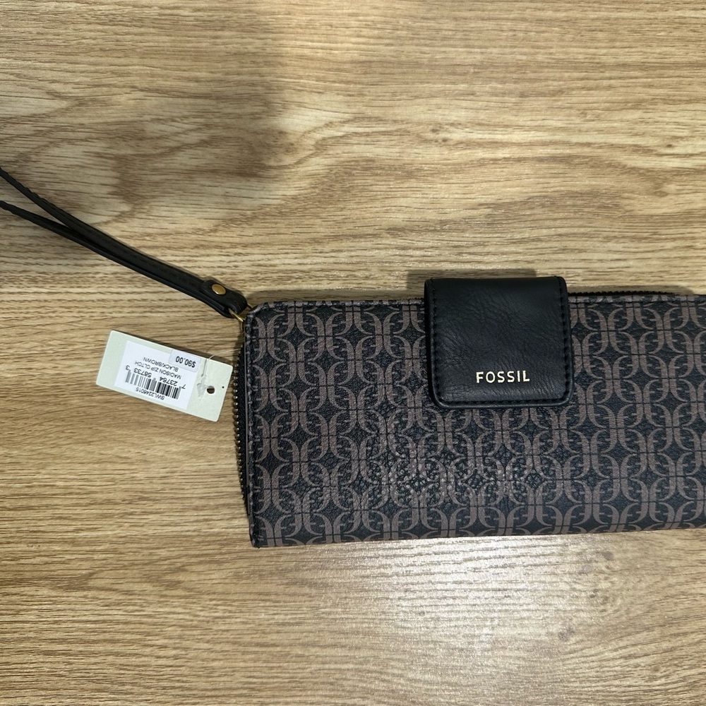 Fossil Monogram Wristlet Wallet in Brown and Black